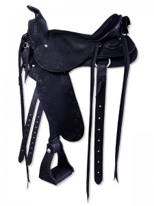 Black Western Trail Saddle with English rigging with a flank cinch, round pommel and a horn, wide fenders, extra padded seat, border tooling, Leatherman holder and a cavalry pouch.