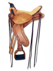 Russet Lightweight Trail Saddle with cutback skirts and bulkless English rigging, round pommel with a horn, extra padded seat with Mexican braided cantle, streamlined fenders and border tooling.