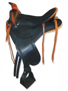 Black Lightweight Trail Saddle with cutback skirts and bulkless English rigging, round pommel with and a horn with a roper's wrap, extra padded seat with a Mexican braided cantle, streamlined fenders and border tooling.
