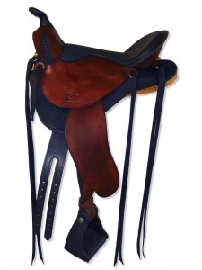 Black Mahogany Lightweight Trail Saddle with cutback skirts and bulkless English rigging, round pommel with a horn, extra padded seat with Mexican braided cantle and streamlined fenders.