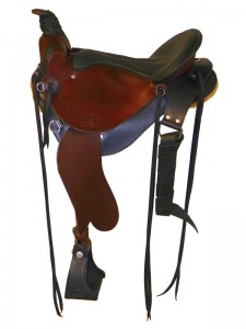 Black Mahogany Saddle with cutback skirts and 3 point rigging, Frank Bell pommel and a horn with a roper's wrap, extra padded seat with a cantle binding and streamlined fenders.