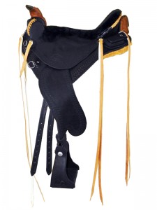 Black Lightweight Trail Saddle with cutback skirts and bulkless English rigging, Frank Bell pommel and a horn with a roper's wrap, sheepskin seat with a Mexican braided cantle and a cavalry pouch, streamlined fenders and border tooling.