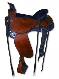 Black Brown Western Saddle with Frank Bell pommel with horn, 3 point rigging, extra padded seat wide fenders and border tooling.