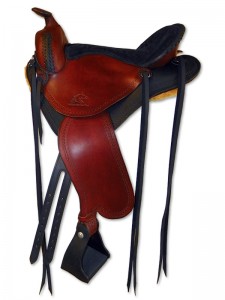 Black Mahogany Lightweight Trail Saddle with round pommel and a horn, extra padded seat cutback skirts and border tooling.